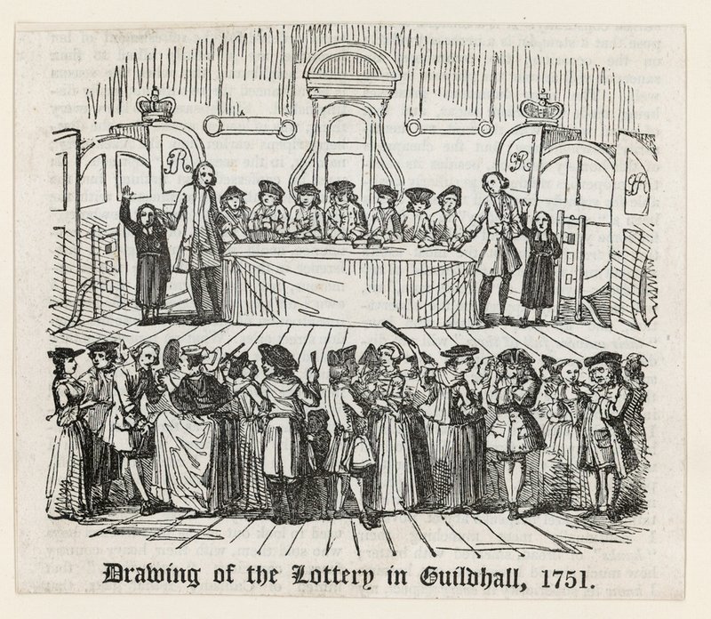 Trekking van de loterij in Guildhall, 1751 door English School