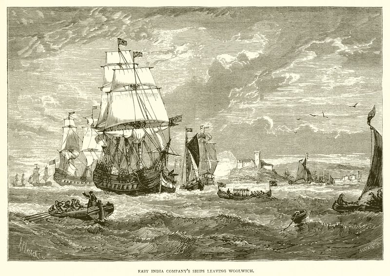 Schepen van de Oost-Indische Compagnie verlaten Woolwich (1623) door English School