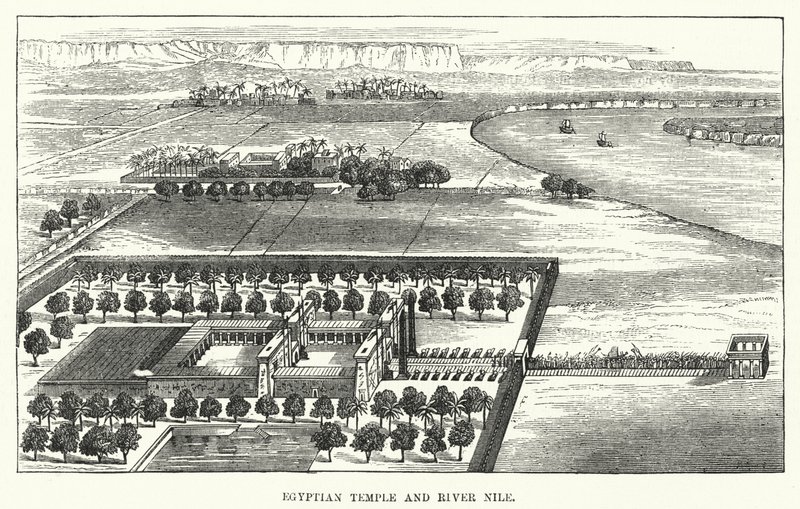 Egyptische Tempel en Rivier de Nijl (gravure) door English School
