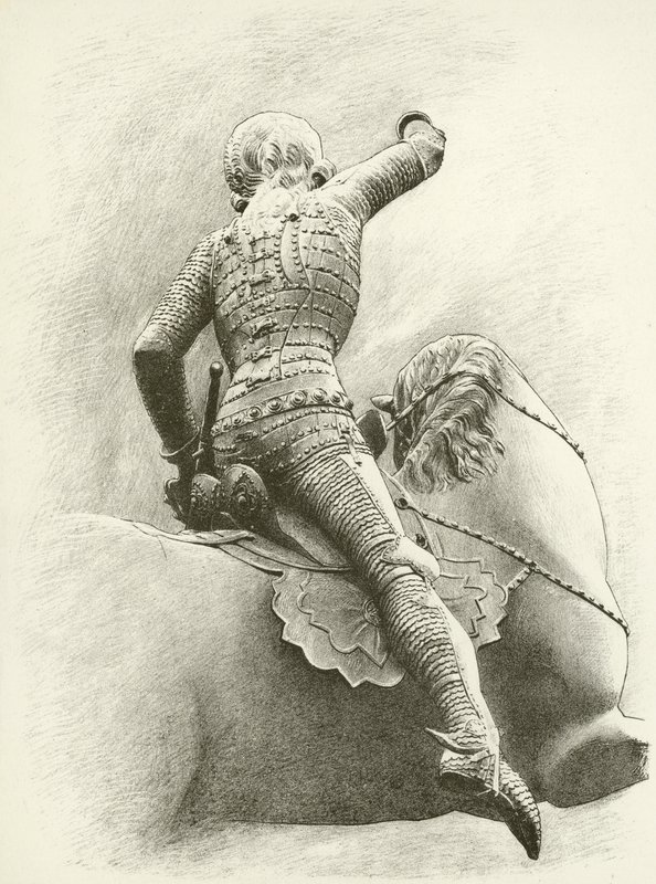 Ruiterfiguur in Praag, Bohemen (gravure) door English School