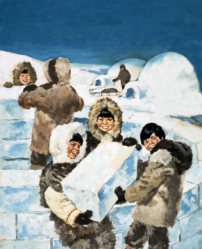 Eskimo jongens bouwen een iglo door English School
