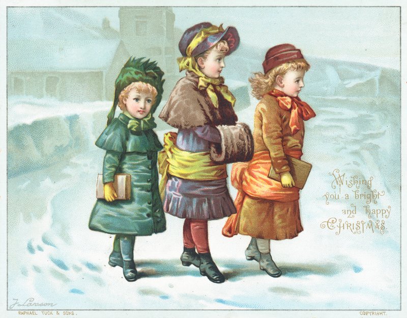 Meisjes wandelend in de sneeuw, Kerstkaart door English School