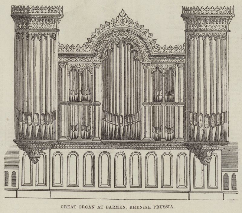 Groot Orgel in Barmen, Rijnland-Pruisen (gravure) door English School