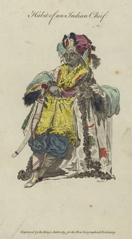Kleding van een Indiaanse hoofdman (kleurgravure) door English School