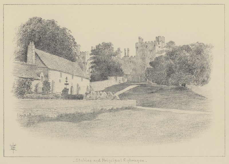 Haddon Hall, stallen en hoofdingang door English School