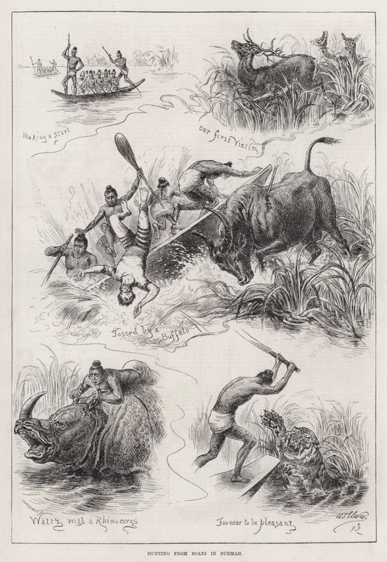 Jagen vanuit Boten in Birma (gravure) door English School