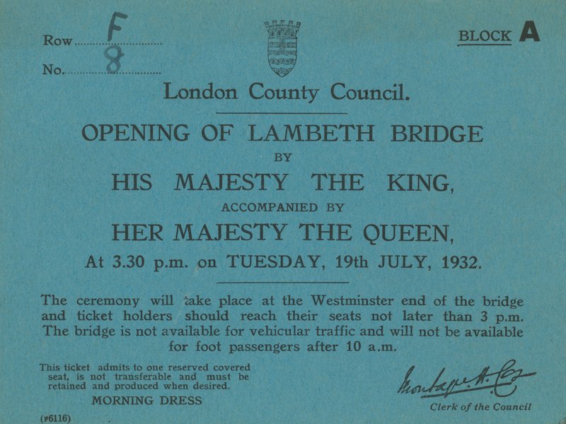Uitnodiging voor de opening van Lambeth Bridge door English School