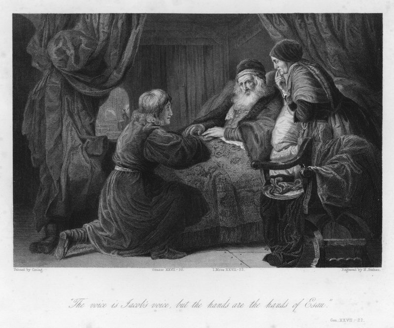 Isaak zegent Jakob, Genesis XXVII, 22 (gravure) door English School