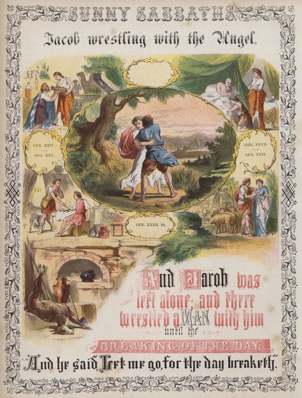 Jakob worstelt met de Engel (gekleurde gravure) door English School