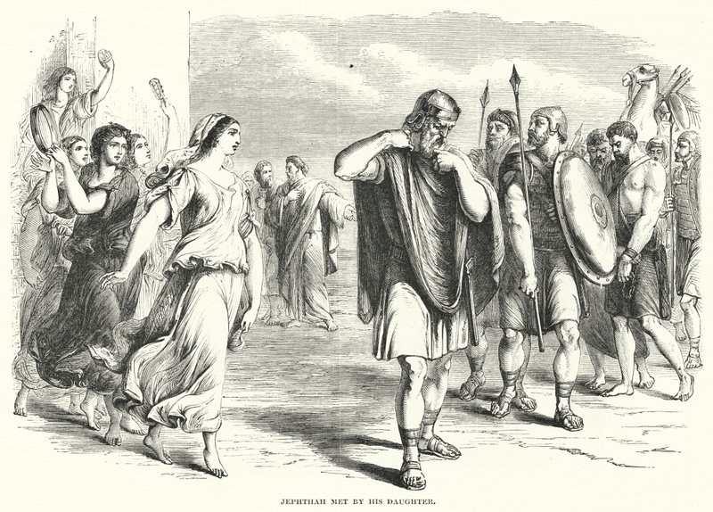 Jephthah wordt begroet door zijn dochter (gravure) door English School