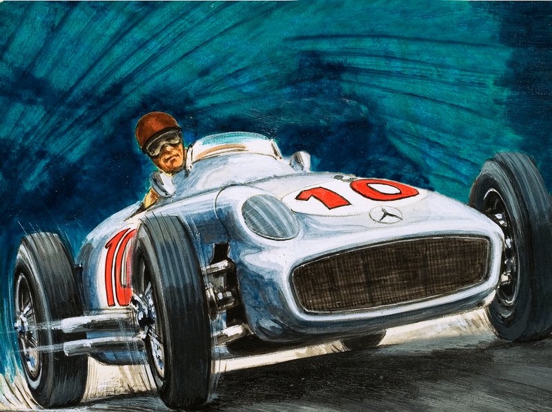 Juan Manuel Fangio rijdt in een Mercedes-Benz door English School