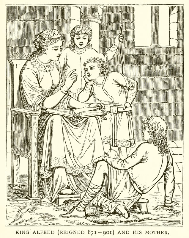Koning Alfred (regeerde 871-901) en zijn moeder door English School