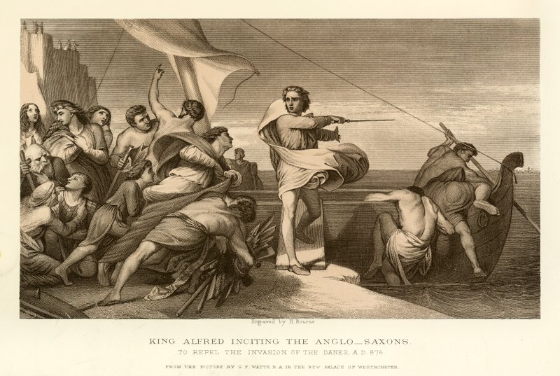 Koning Alfred die de Angelsaksen aanspoort door English School