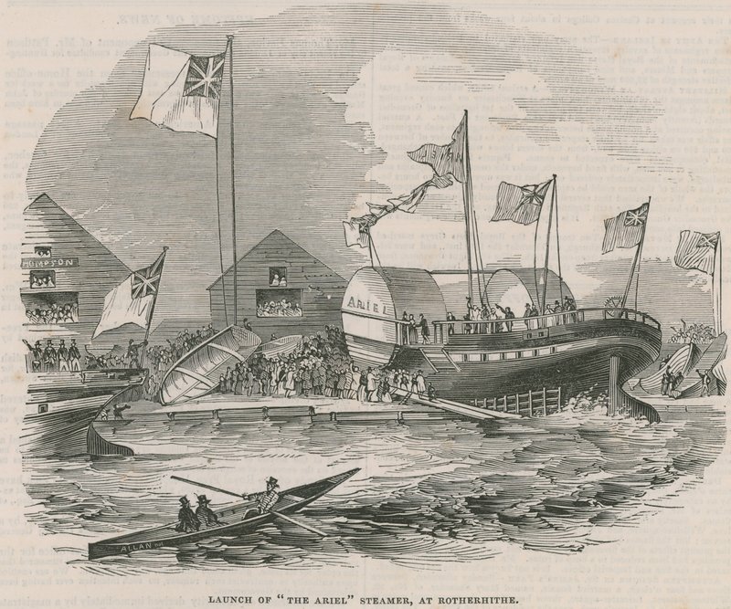 Te water laten van de Ariel stoomboot in Rotherhithe door English School