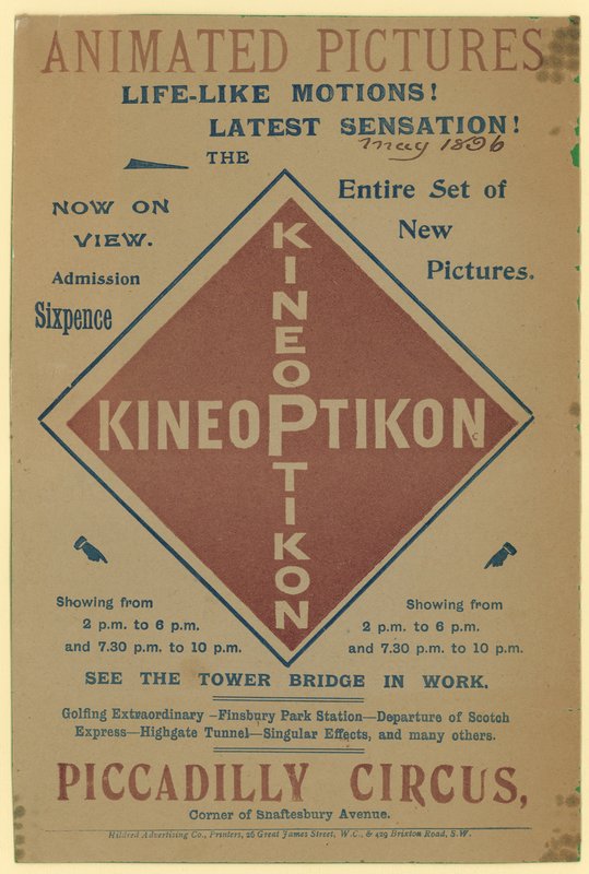 Folder die de Kineoptikon, Piccadilly Circus adverteert door English School