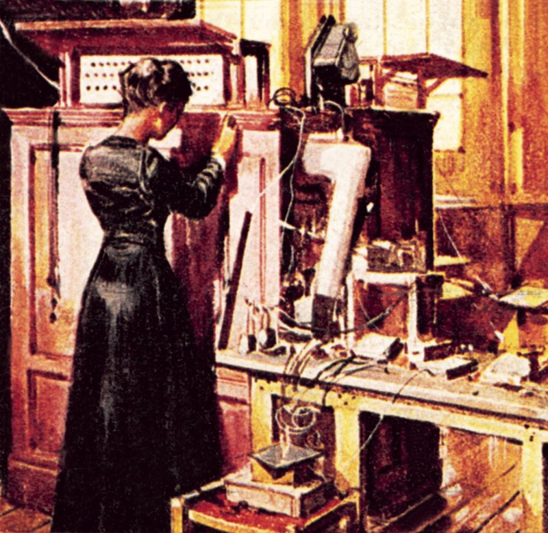 Madame Curie in haar laboratorium door English School