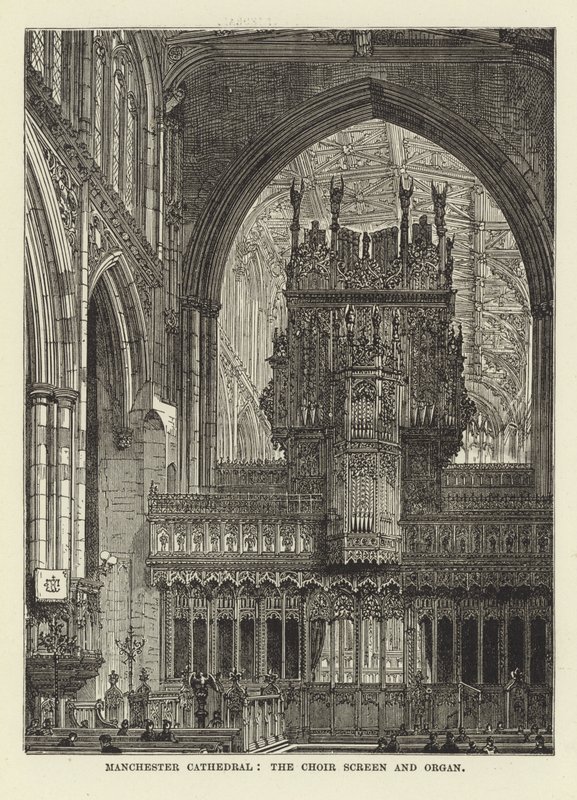 Manchester Kathedraal, het Koorscherm en Orgel door English School