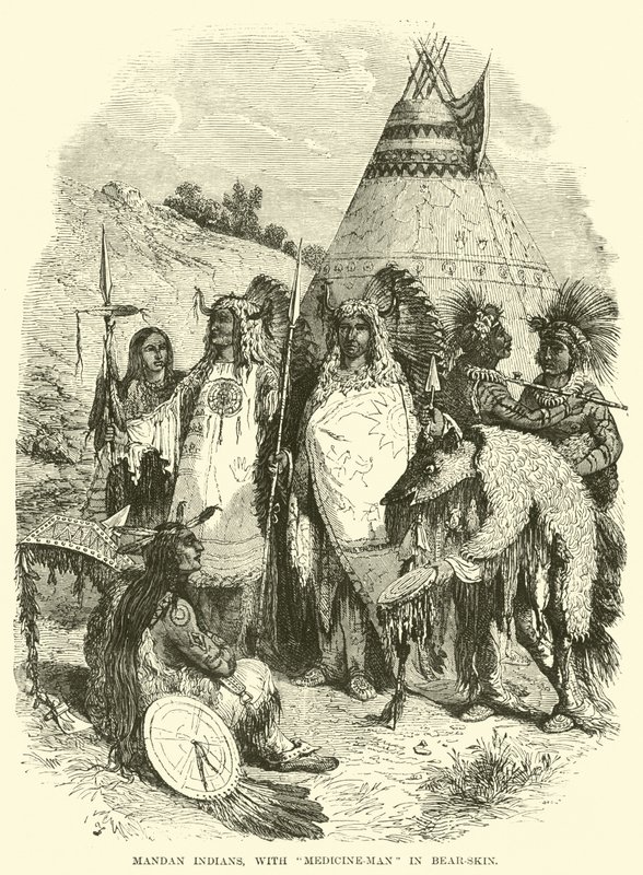 Mandan Indianen, met medicijnman in berenvel door English School