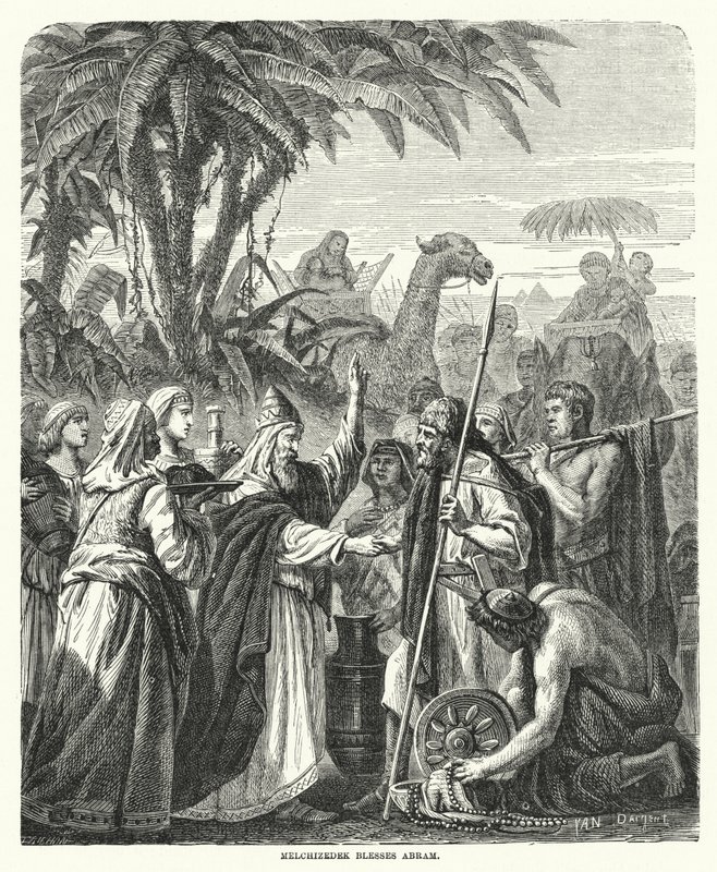 Melchizedek zegent Abram (gravure) door English School