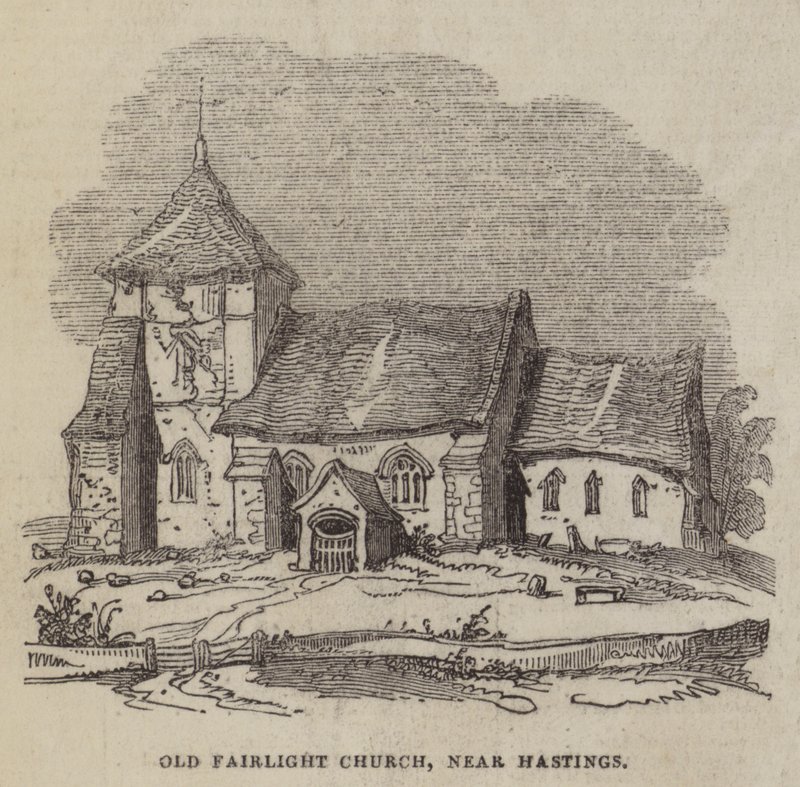 Oude Fairlight-kerk, nabij Hastings (gravure) door English School