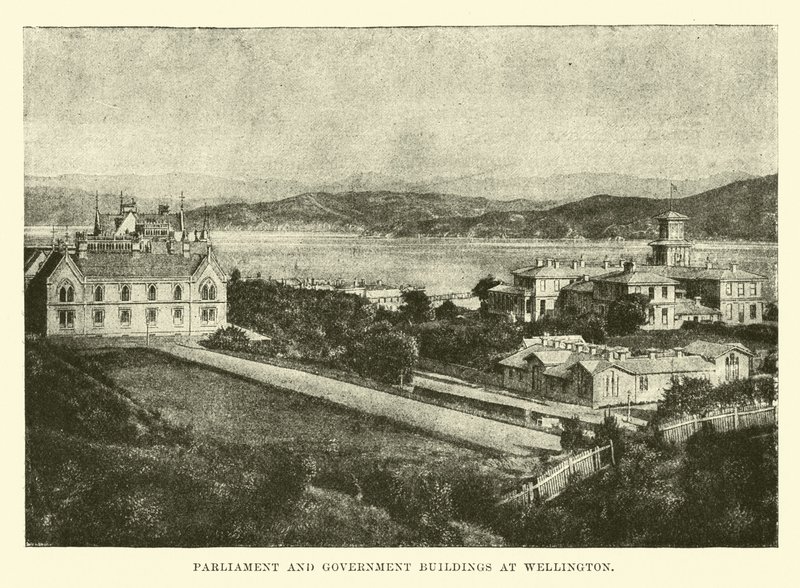 Parlement en regeringsgebouwen in Wellington door English School