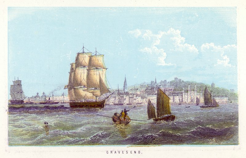 Rivier de Theems: Gravesend (gekleurde gravure) door English School