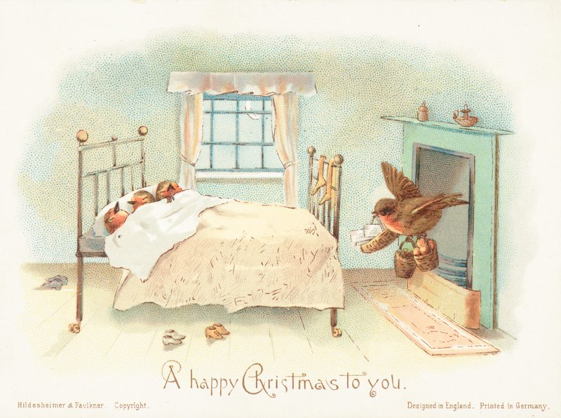 Roodborstjes slapend in bed! Kerstkaart door English School