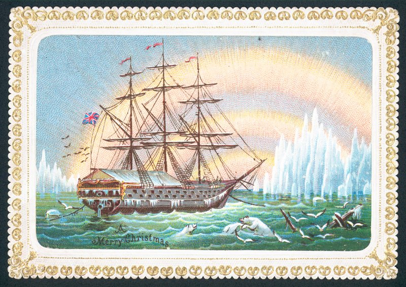 Zeilschip in ijzige wateren, kerstkaart door English School