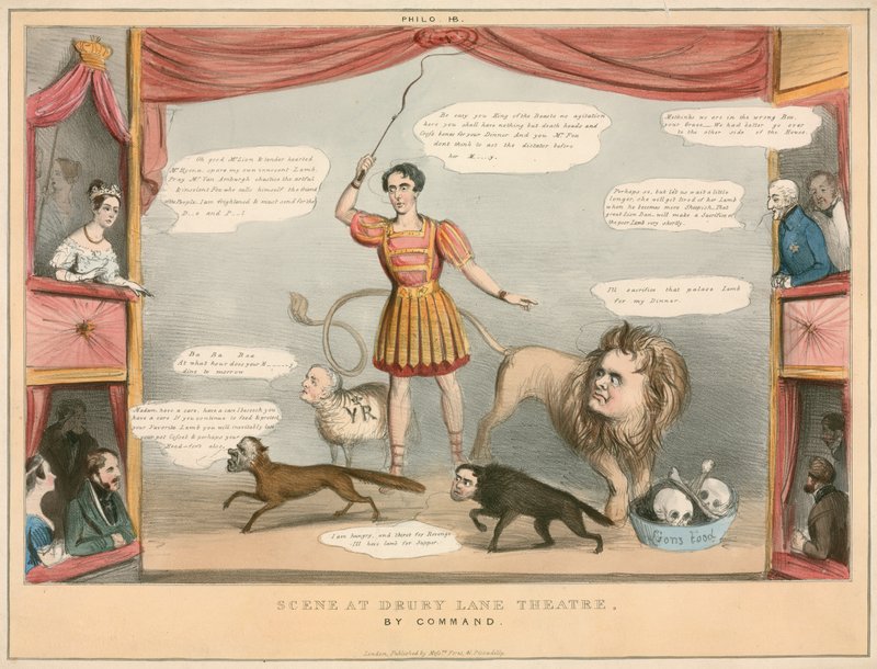 Scène uit Drury Lane Theatre, Londen; cartoon door English School