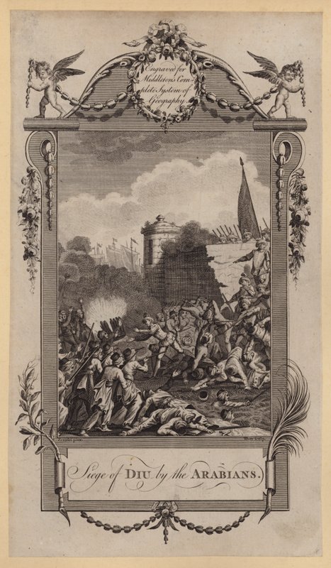 Belegering van Diu door de Arabieren (gravure) door English School
