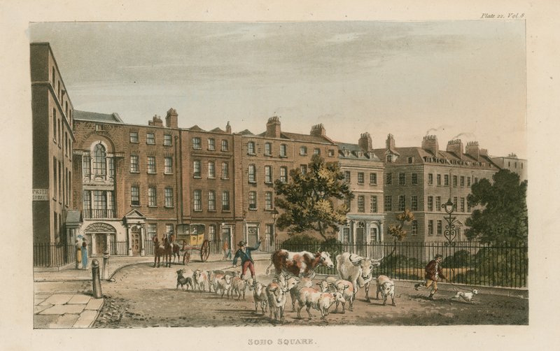 Soho Square, kijkend naar het westen door English School