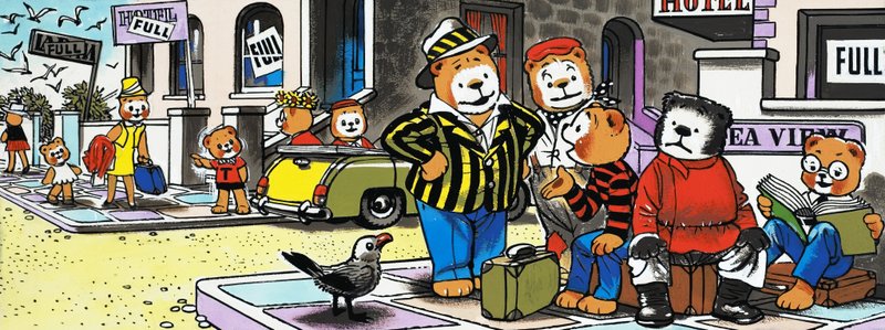 Teddyberen op zoek naar onderdak door English School