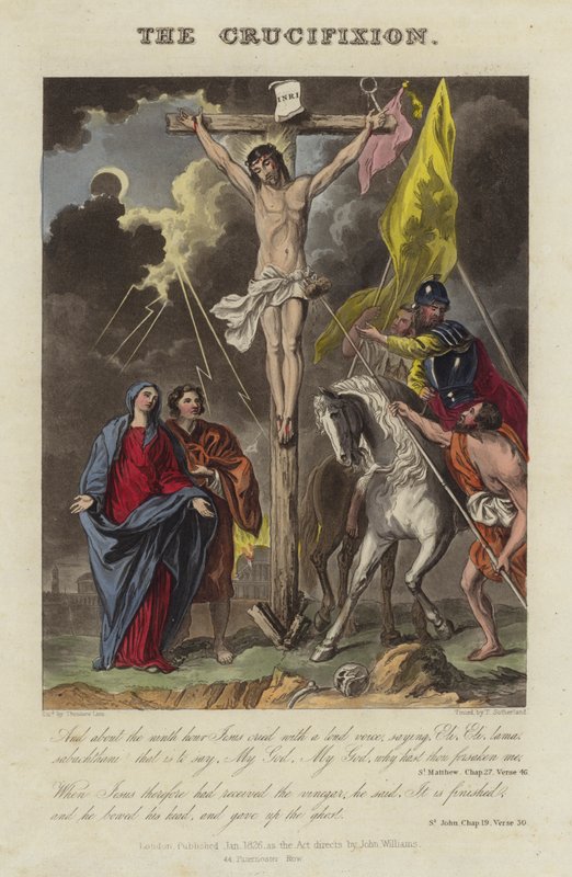 De Kruisiging van Jezus Christus (gekleurde gravure) door English School