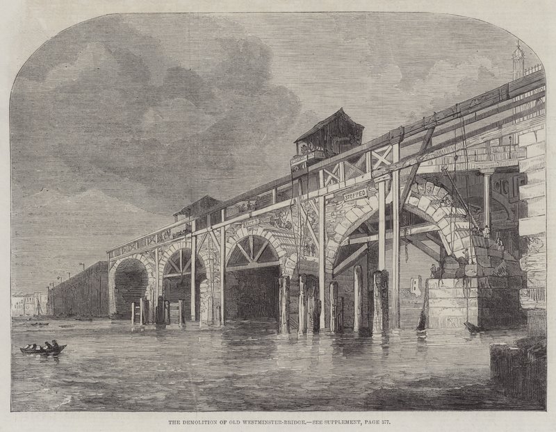 De Sloop van de Oude Westminster-Brug (gravure) door English School