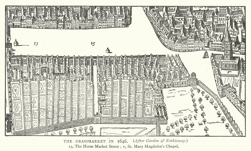 De Grassmarket in 1646 (gravure) door English School
