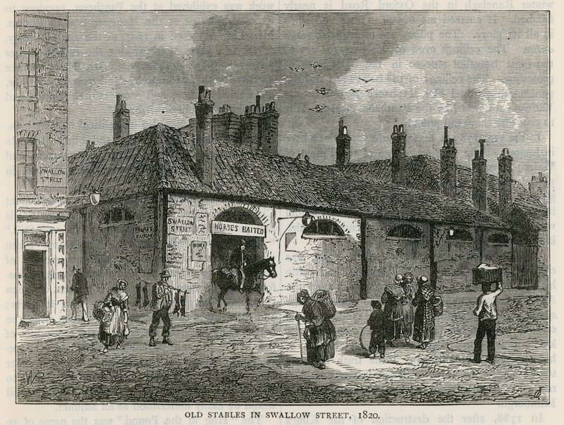 De oude stallen in Swallow Street, Londen door English School
