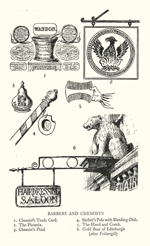 Handelstekens: Kappers en Apothekers (litho) door English School