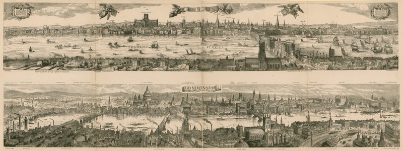 Twee uitzichten op Londen: 1616 en 1890 door English School
