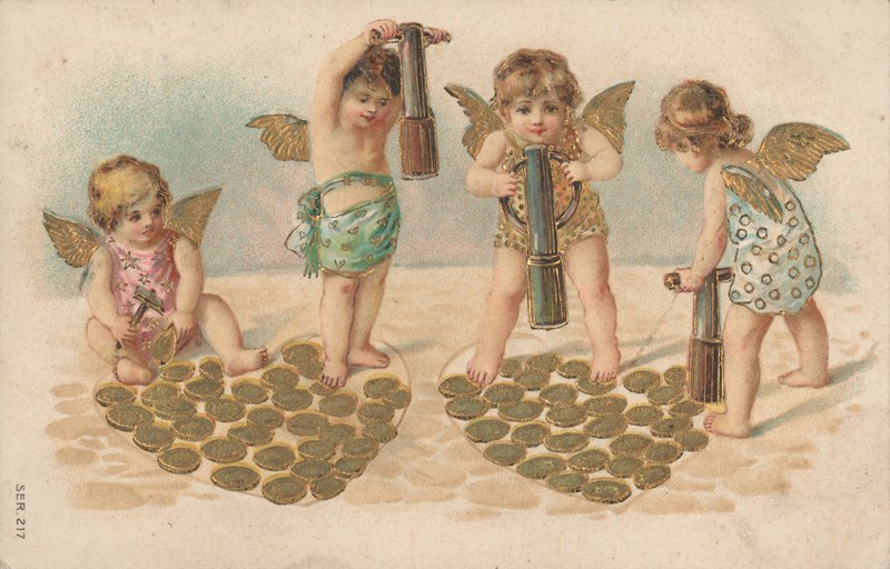 Valentijnskaart, putti stempelen harten door English School