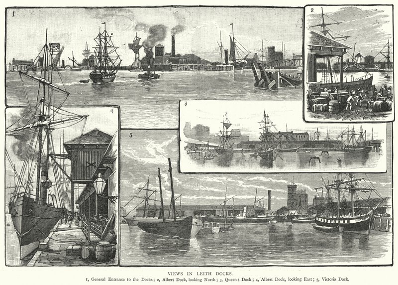 Uitzichten in Leith Docks (gravure) door English School