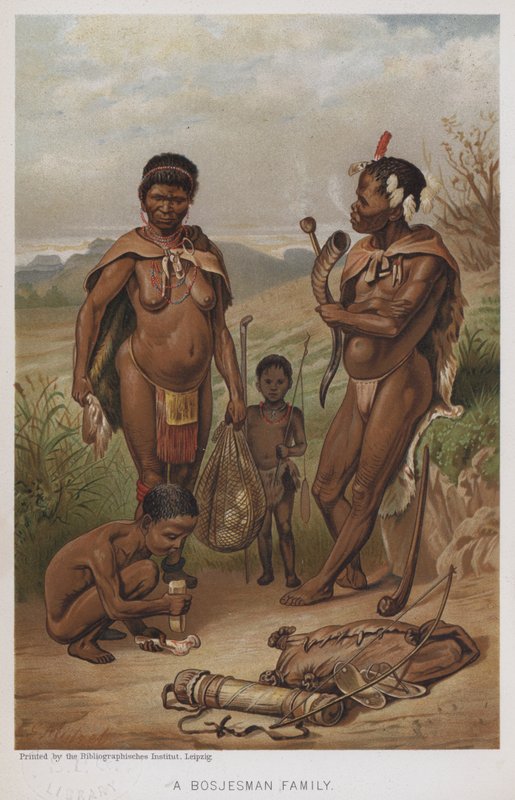 Een Bosjesman Familie (chromolitho) door European School