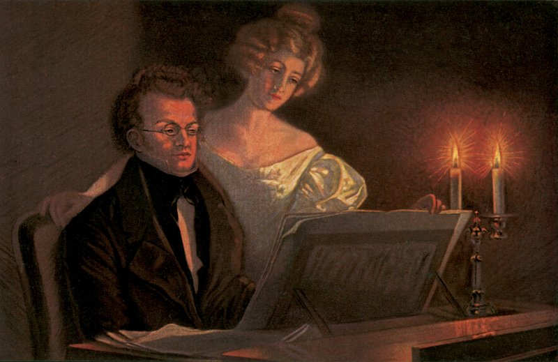 Franz Schubert aan de piano (kleurenlitho) door European School