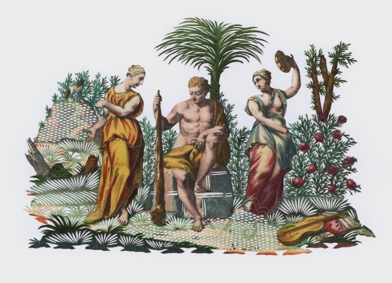 Heracles in een tuin (gekleurde gravure) door European School