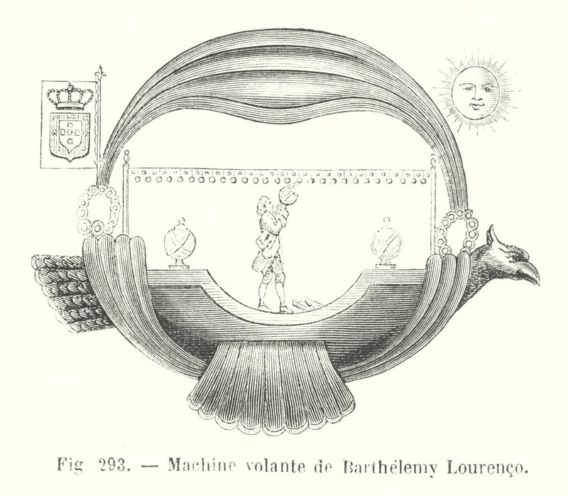 Vliegmachine van Barthelemy Lourenco (gravure) door European School