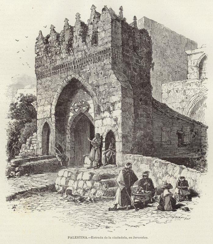 Palestina, Ingang van de citadel, in Jeruzalem door European School