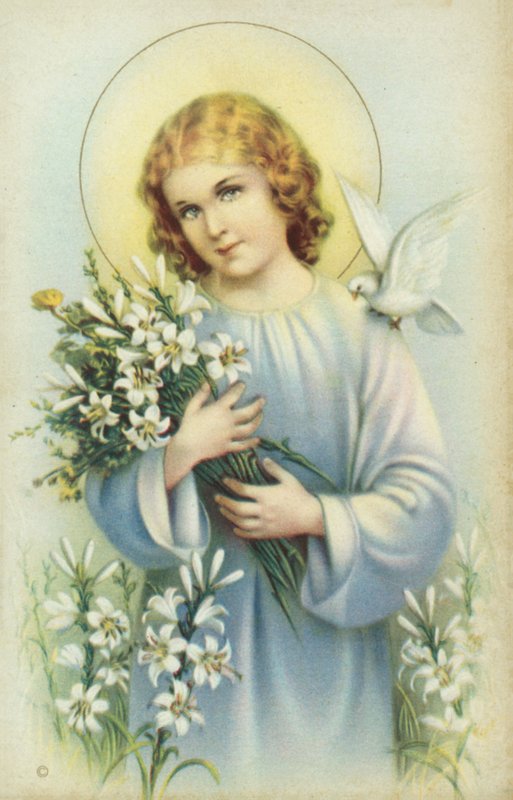 Heilige met duif en bloemen (kleurenlitho) door European School