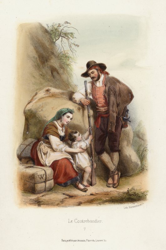 Le Contrebandier (De Smokkelaar) (kleur litho) door F. Grenier