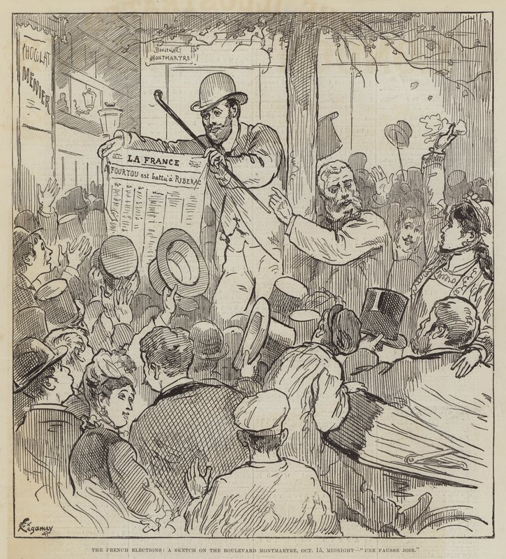 De Franse Verkiezingen, een Schets op de Boulevard Montmartre, 15 oktober, middernacht, Une Fausse Joie door Felix Regamey