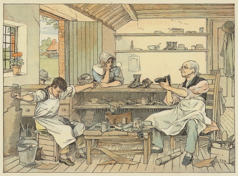 Schoenmaker (kleurenlitho) door Francis Donkin Bedford