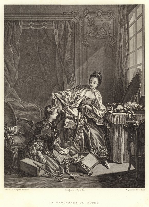 De modehandelaar (gravure) door Francois (after) Boucher
